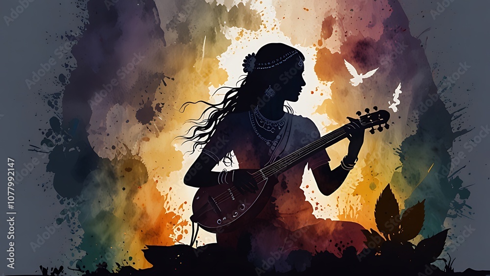 Illustration of the goddess sarasvati for vasant panchami in cartoon style.