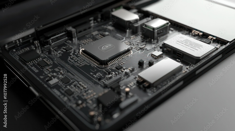 Photorealistic rendering of a laptops hard drive (HDD/SSD), highlighting the disk platters, controller chip, and interface connectors Photorealistic rendering of a laptops hard drive (HDD/SSD), highlighting the disk platters, controller chip, and interface connectors