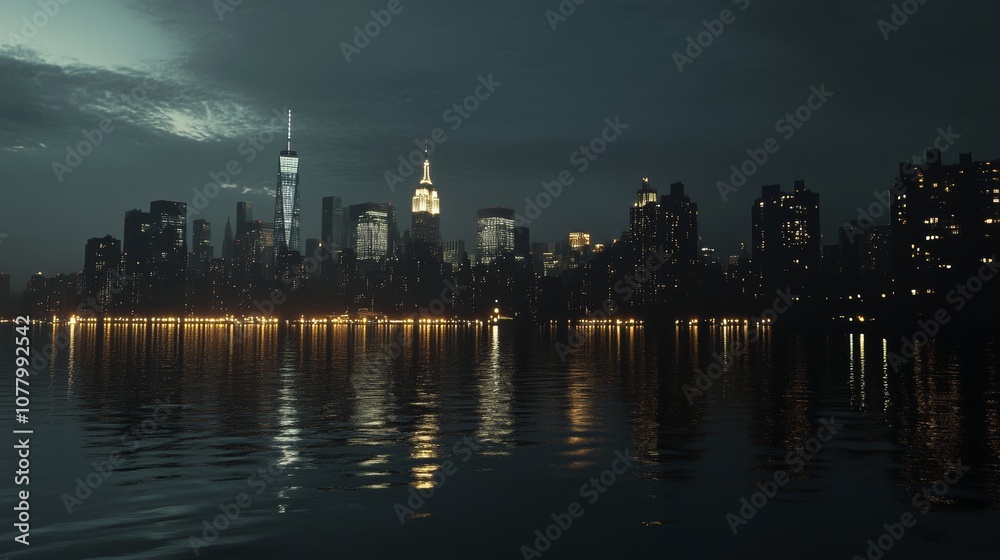 New York City skyline at night with illuminated skyscrapers New York City skyline at night with illuminated skyscrapers
