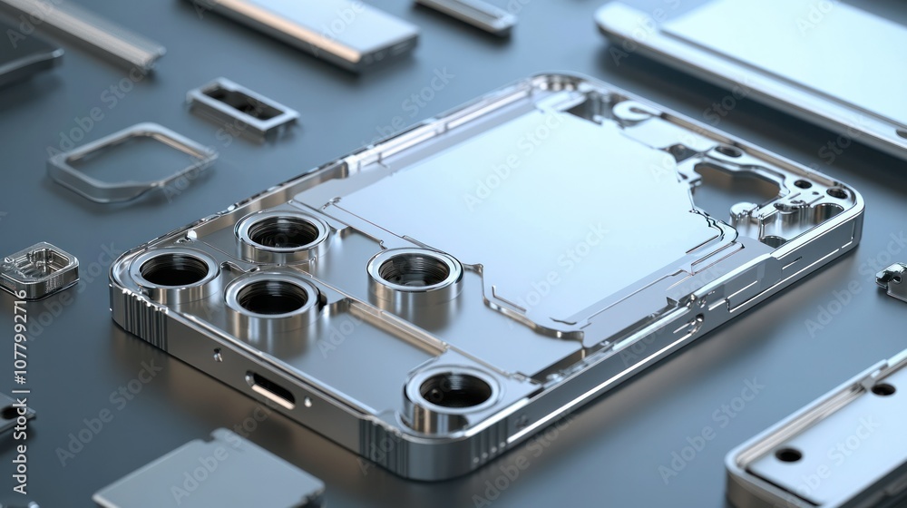 Photorealistic rendering of a smartphones housing and frame, showing the precise measurements of metal or plastic components Photorealistic rendering of a smartphones housing and frame, showing the precise measurements of metal or plastic components