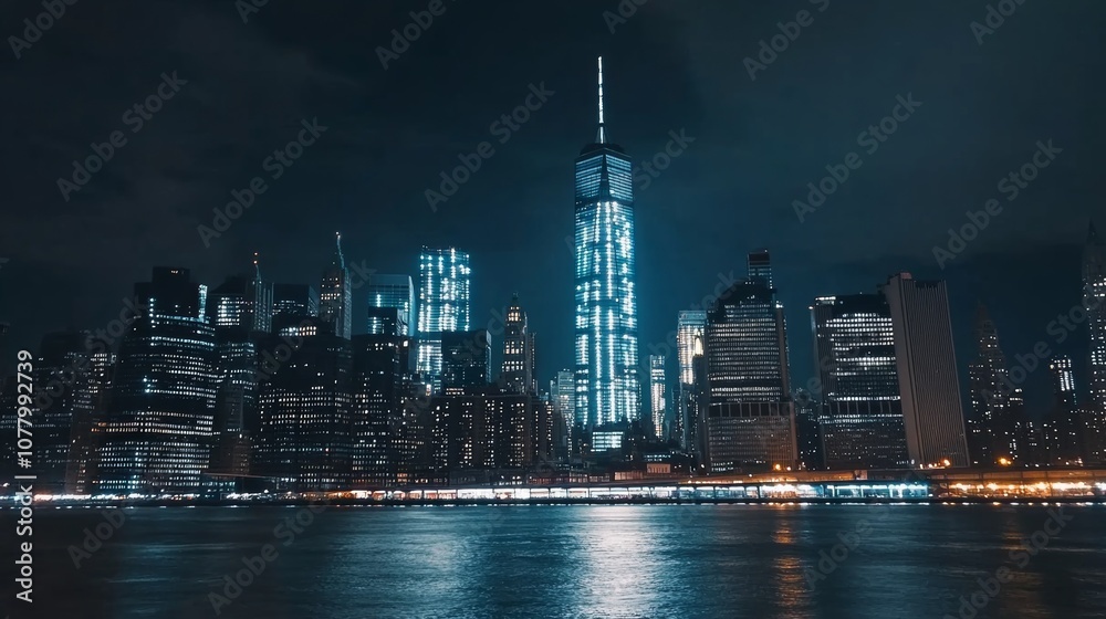 Obraz premium New York City skyline at night with illuminated skyscrapers