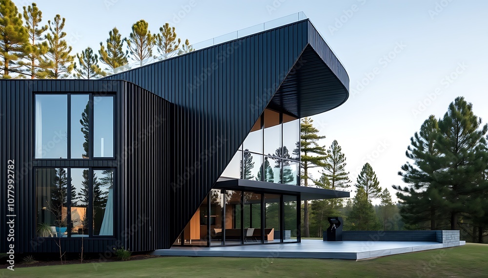 Fototapeta premium Modern Black House with Large Windows and Deck,