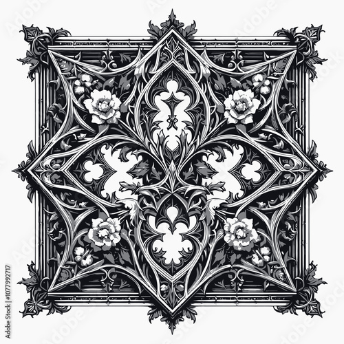 Gothic square frame with pointed arches, floral motifs, and decorative linework. vector