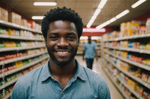 Close portrait of a smiling young Angolan male grocer standing and looking at the camera, Angolan grocery store blurred background photo