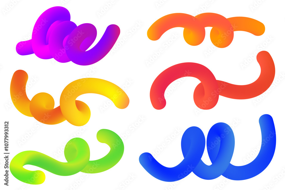 3D gradient shapes. Abstract rainbow colored fluid swirl elements on white background. Vector wavy blend spiral objects. Dynamic organic neon strokes. Bright gradation stripes 3D gradient shapes. Abstract rainbow colored fluid swirl elements on white background. Vector wavy blend spiral objects. Dynamic organic neon strokes. Bright gradation stripes