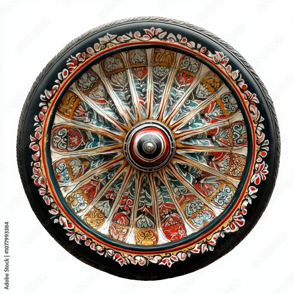 Fototapeta premium Ornate painted wheel with floral design.
