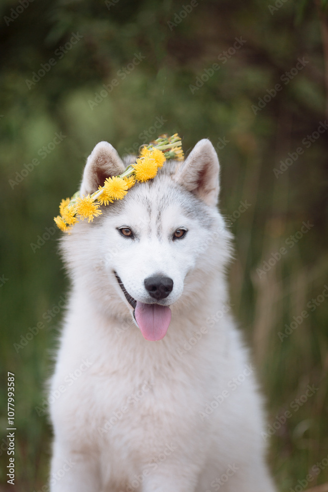White cute husky dog with wreath of dandelions, summer walking day, green meadow of park White cute husky dog with wreath of dandelions, summer walking day, green meadow of park