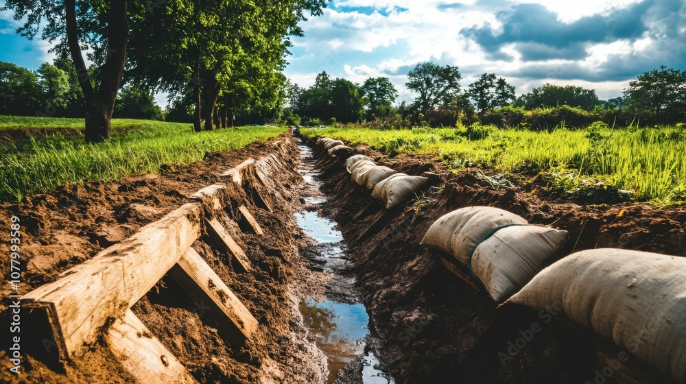 Trench with Sandbags in Scenic Green Landscape Trench with Sandbags in Scenic Green Landscape