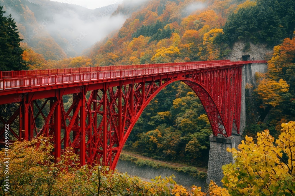 Majestic red bridge spanning a vibrant autumn valley, blending nature and architecture in japan Majestic red bridge spanning a vibrant autumn valley, blending nature and architecture in japan