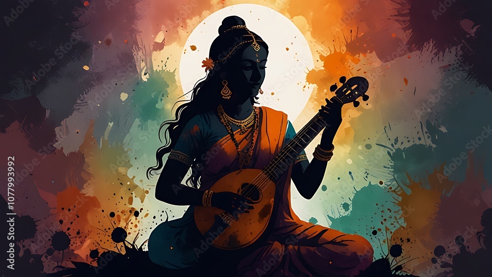 Illustration of the goddess sarasvati for vasant panchami in cartoon style.