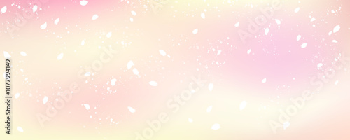 ピンクのグラデーション背景に舞い散る桜吹雪のベクターイラスト　横長