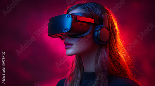 A girl wearing a virtual reality (VR) headset, set against a pink background, experiencing immersive digital environments with futuristic technology and innovation 