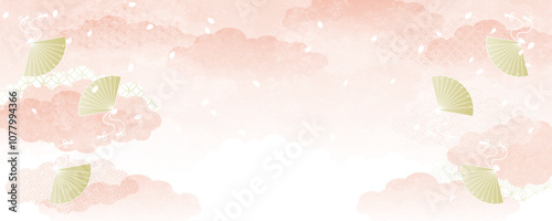 ピンクの雲と金の扇、舞い散る桜吹雪の和風背景ベクターイラスト　横長