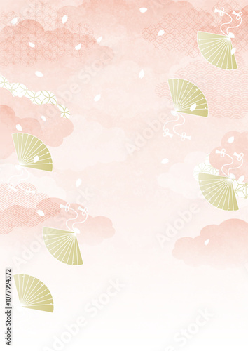 ピンクの雲と金の扇、舞い散る桜吹雪の和風背景ベクターイラスト　A4縦