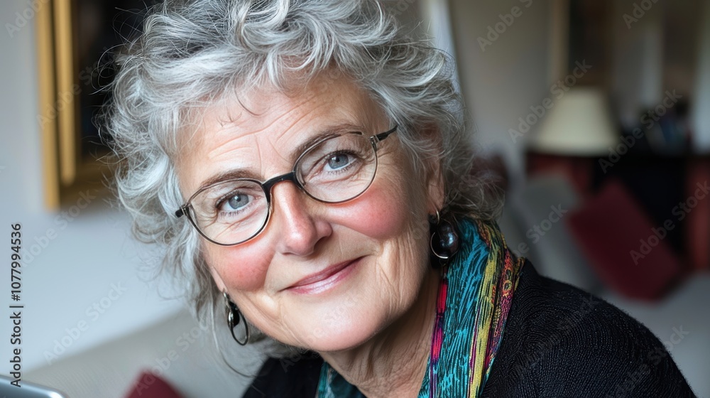 Portrait of an Older Woman with Curly Gray Hair Smiling Gently while Sitting Indoors with Warm Lighting and Colorful Scarf