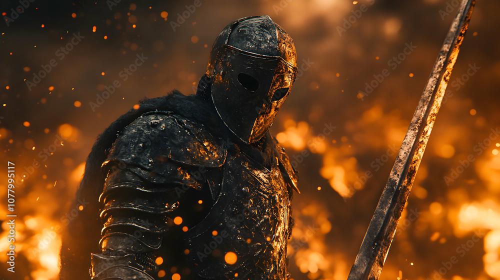 A Dark Knight Stands in a Fiery Battlefield, Sword in Hand, Ready for Battle A Dark Knight Stands in a Fiery Battlefield, Sword in Hand, Ready for Battle