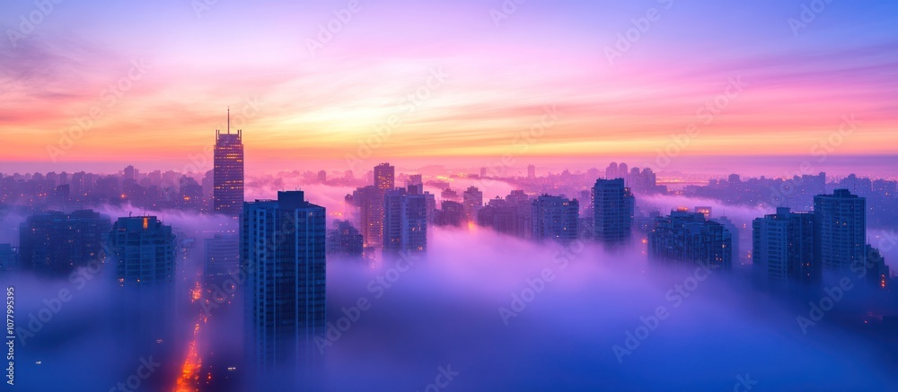 A panoramic view of a city skyline bathed in the soft glow of a sunrise, with the buildings partially obscured by a blanket of fog. A panoramic view of a city skyline bathed in the soft glow of a sunrise, with the buildings partially obscured by a blanket of fog.