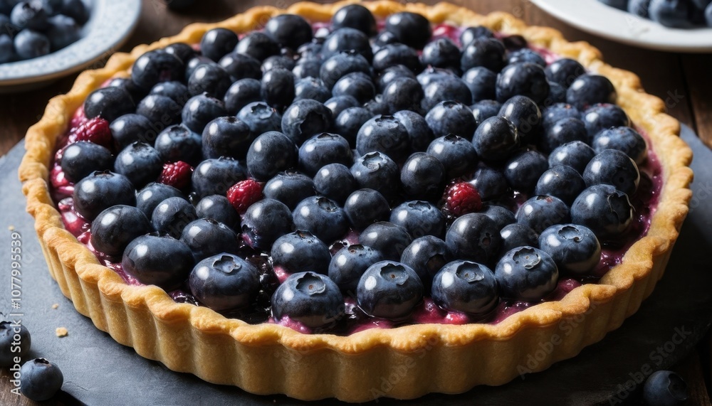 A close-up of a blueberry tart with a creamy filling and fresh berries A close-up of a blueberry tart with a creamy filling and fresh berries