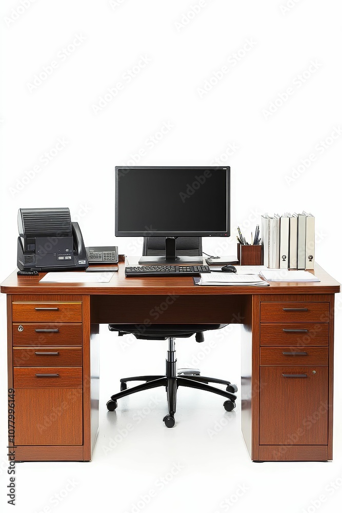 Modern office desk with computer, chair, and files. Modern office desk with computer, chair, and files.
