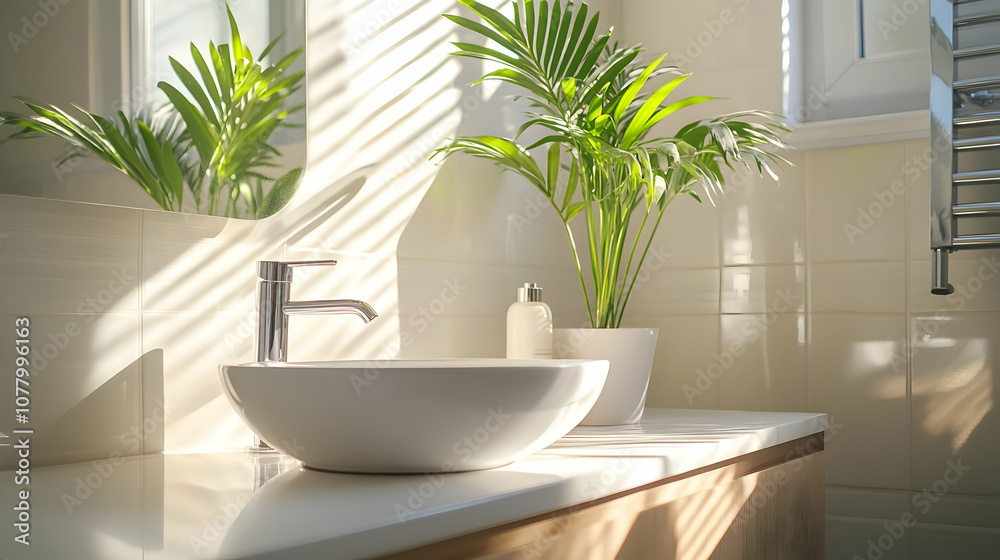 Sunlit Bath. A minimalist bathroom with a clean white sink and indoor plants. Sunlit room. Sunlit Bath. A minimalist bathroom with a clean white sink and indoor plants. Sunlit room.