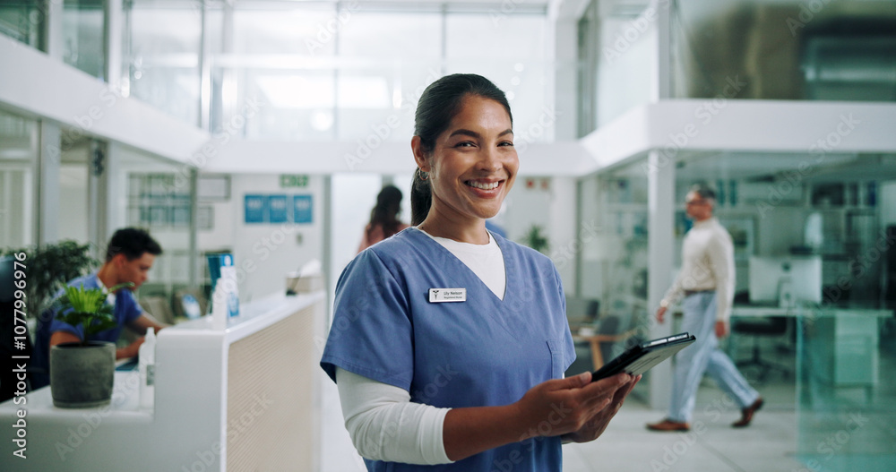 Obraz premium Nurse, tablet and portrait with woman in hospital for patient files, digital schedule and medical network. Telehealth, insurance and planning with person in clinic for healthcare and online report