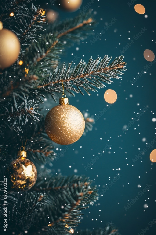 Elegant christmas tree adorned with gold ornaments and lights against a wintry blue backdrop Elegant christmas tree adorned with gold ornaments and lights against a wintry blue backdrop