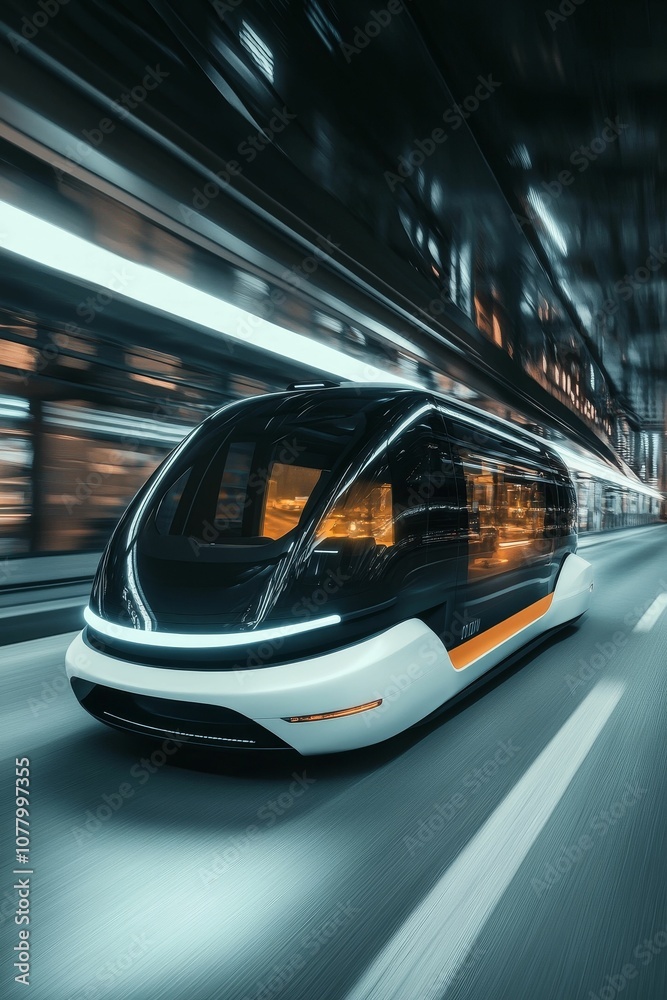 Futuristic vehicle speeding through city at night. Futuristic vehicle speeding through city at night.