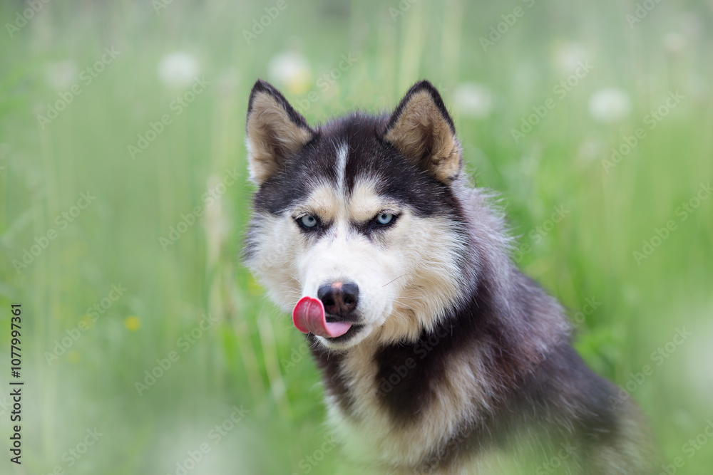 A delightful gray Siberian husky stands on green meadow in the background of a forest. A dog on a natural background. A delightful gray Siberian husky stands on green meadow in the background of a forest. A dog on a natural background.
