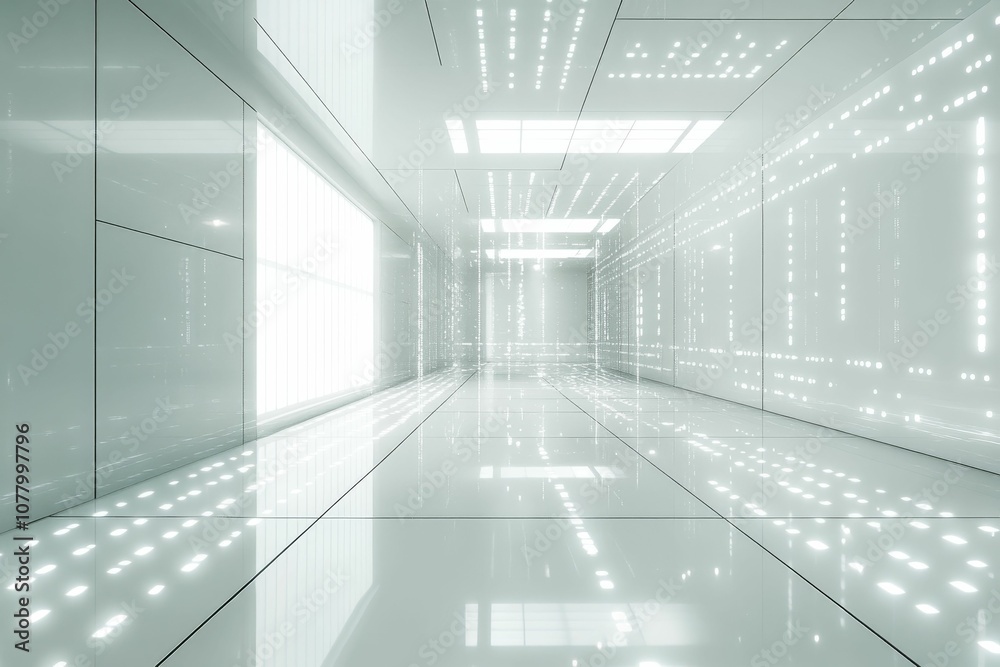 White room with lights reflecting on floor. White room with lights reflecting on floor.