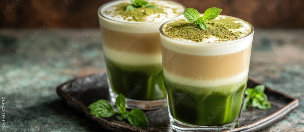 Two glasses of layered green tea latte with whipped cream and matcha powder on top, garnished with fresh mint leaves, on a dark rustic wooden tray. Two glasses of layered green tea latte with whipped cream and matcha powder on top, garnished with fresh mint leaves, on a dark rustic wooden tray.