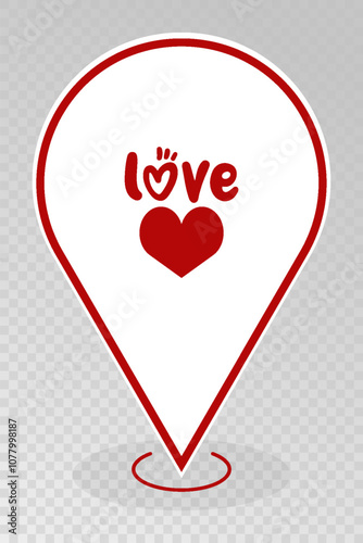 Gps label Favourite place Red pin heart Shadow Flat trend modern Geolocation logotype graphic design web element isolated concept of geoloc badge Choice good spot map Сoordinates satellite