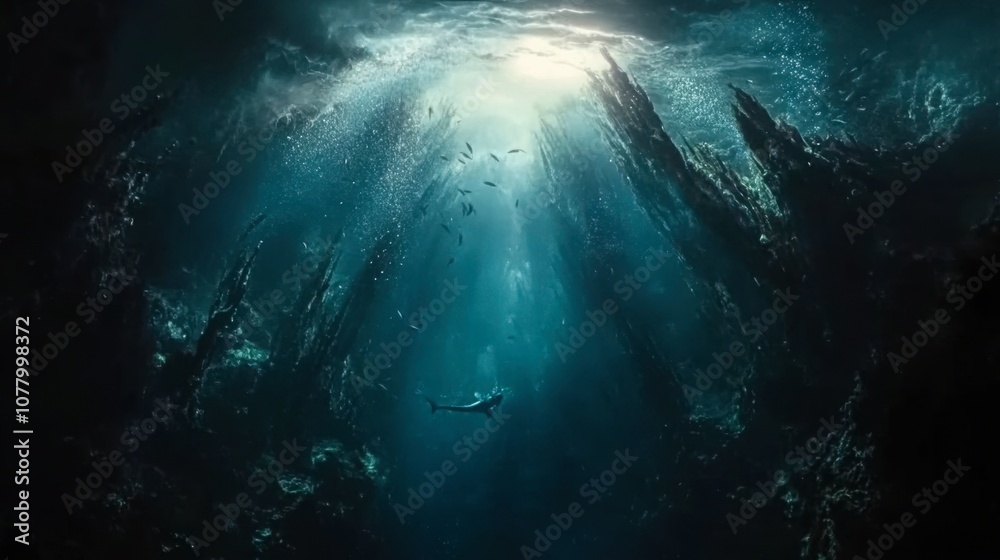 Obraz premium Ethereal Underwater Scene with Sunlight and Marine Life
