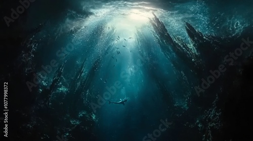 Ethereal Underwater Scene with Sunlight and Marine Life