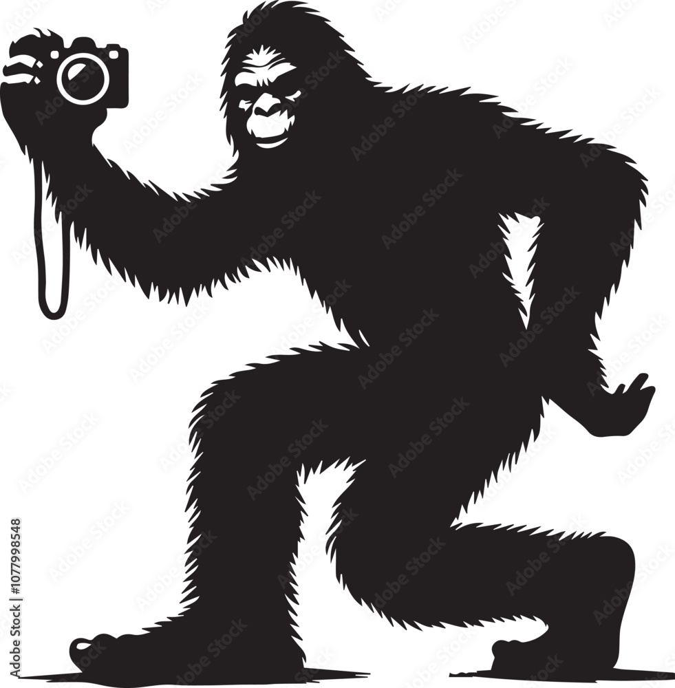 Fototapeta premium Bigfoot silhouette holding a camera trying to take a selfie