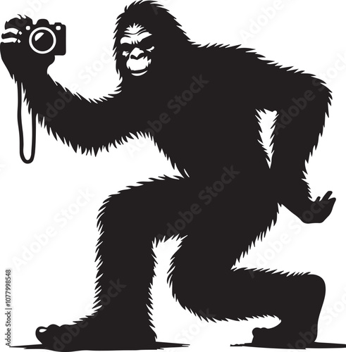 Bigfoot silhouette holding a camera trying to take a selfie