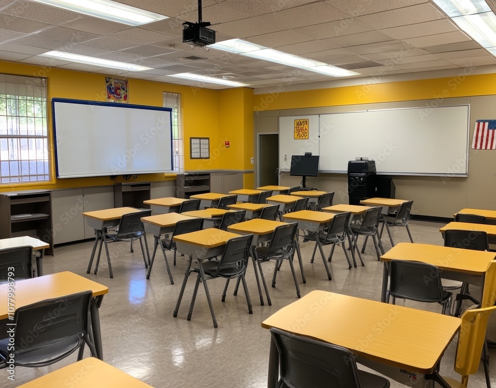 High school classroom with desks, chairs, computer screen, whiteboard, and yellow accents High school classroom with desks, chairs, computer screen, whiteboard, and yellow accents