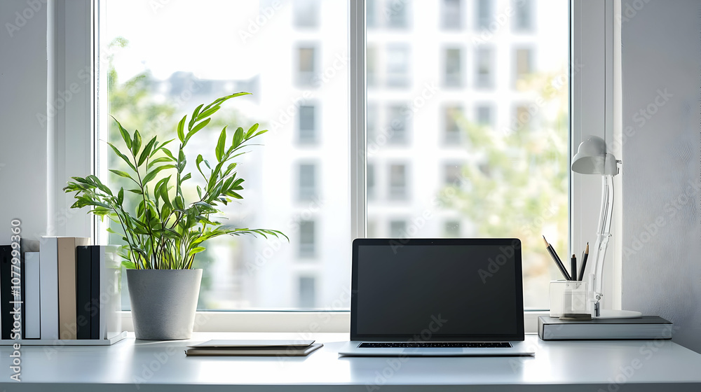 Desk Setup. A minimalist home office with an open laptop and indoor plants. Desk Setup. A minimalist home office with an open laptop and indoor plants.