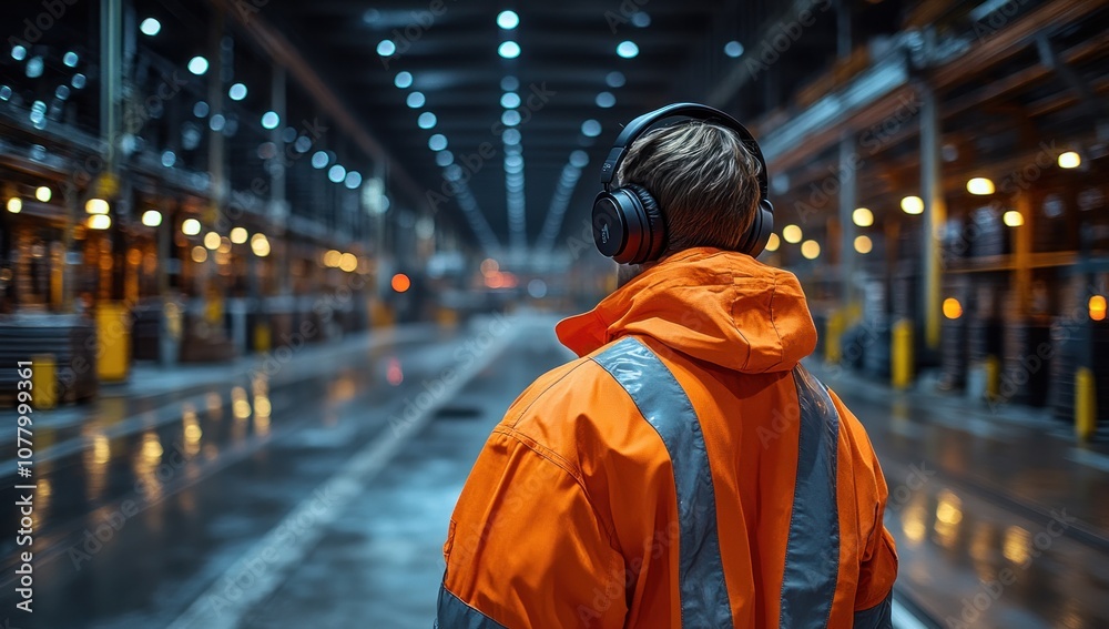 Worker in a Factory Wearing Headphones Worker in a Factory Wearing Headphones