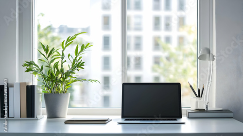 Desk Setup. A minimalist home office with an open laptop and indoor plants.