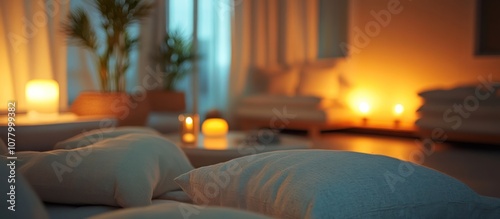 Close up shot of white pillows on a couch in a dimly lit living room.