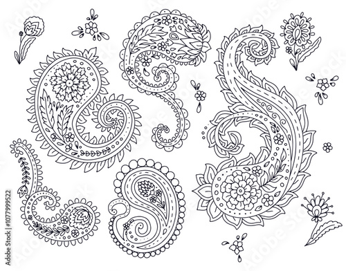 Set of black and white paisley motifs isolated on white background. Indian style monochrome design elements