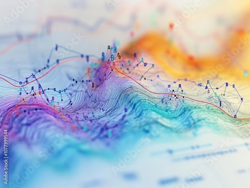 Abstract representation of data with vibrant colors, showcasing trends and statistical insights in an innovative visual format.