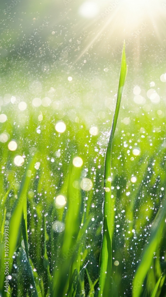 Fototapeta premium Water droplets spray on crops, showcasing modern irrigation technology in bright sunlight