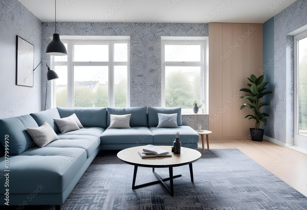 Scandinavian living room interior design zoom background,Doodle patterned wallpaper graphics Scandinavian living room interior design zoom background,Doodle patterned wallpaper graphics