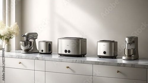 A row of stainless steel kitchen appliances on a marble countertop, including a stand mixer, a toaster, a coffee maker, and a blender. photo