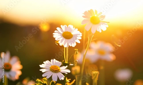 Close-up of White Daisies in a Sunlit Field with Warm Golden Light