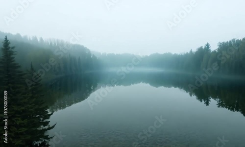 Misty Forest Lake Landscape with Tranquil Reflections and Dense Pine Trees