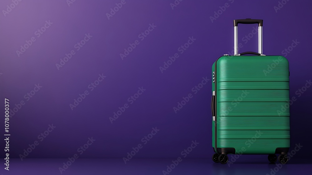 Matte green suitcase with durable wheels and a reinforced handle, isolated on a deep purple background for a high-contrast poster design, space for custom text Matte green suitcase with durable wheels and a reinforced handle, isolated on a deep purple background for a high-contrast poster design, space for custom text
