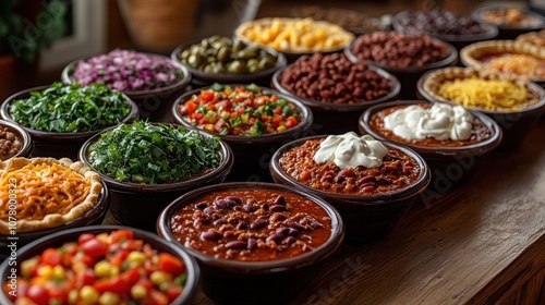 A buffet table filled with various toppings for a chili bar.