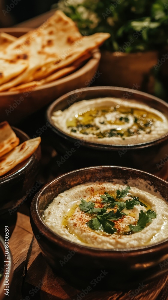Enjoy freshly baked pita bread alongside hummus and baba ghanoush during Ramadan celebrations Enjoy freshly baked pita bread alongside hummus and baba ghanoush during Ramadan celebrations